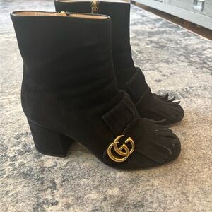 Gucci Black Suede Heeled Boots with Gold Accent
And beautiful dust bag